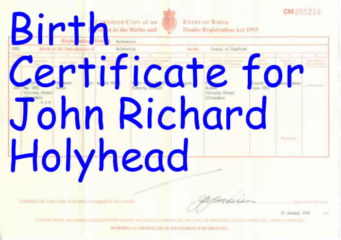 birth certificate for John Richard Holyhead