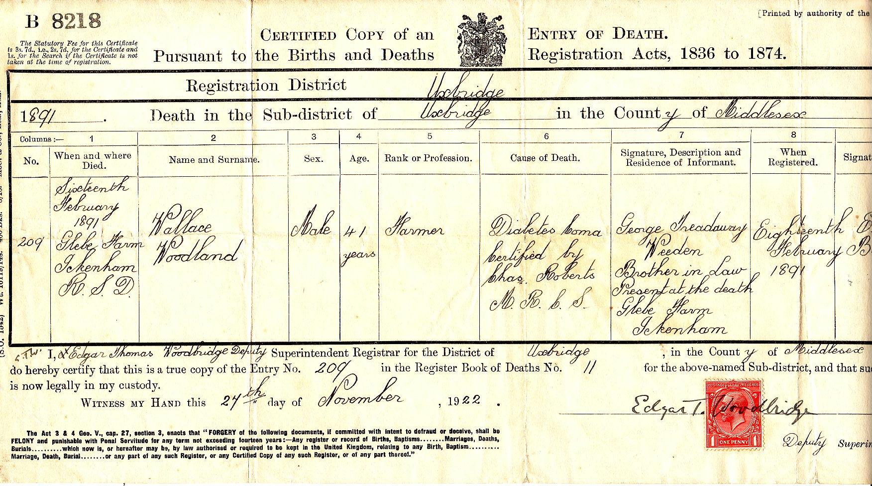 Death certificate for Wallace Woodland