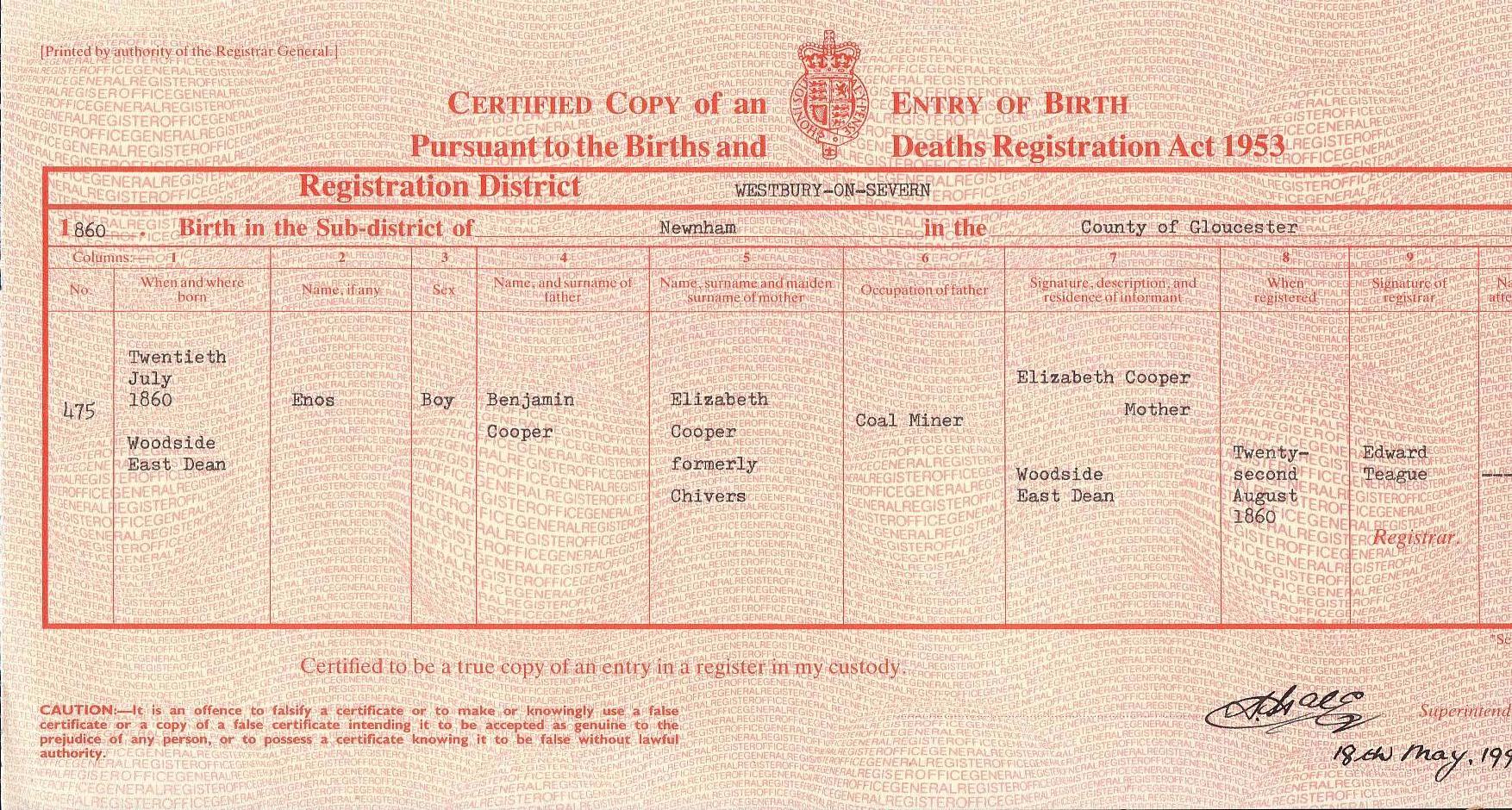 Birth certificate for Enos Cooper