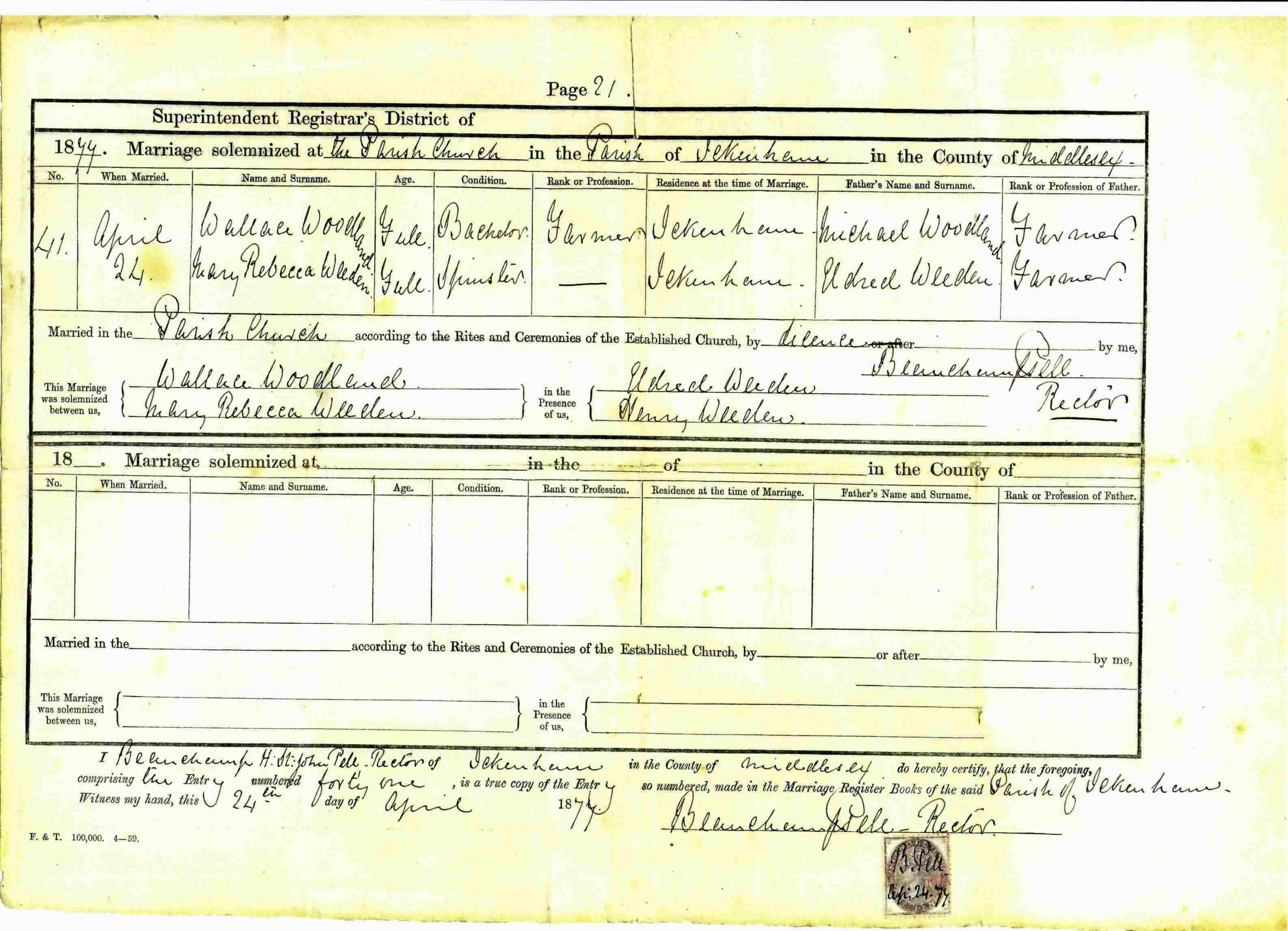 mariage certificate for Wallace Woodland and Mary Rebecca Weeden