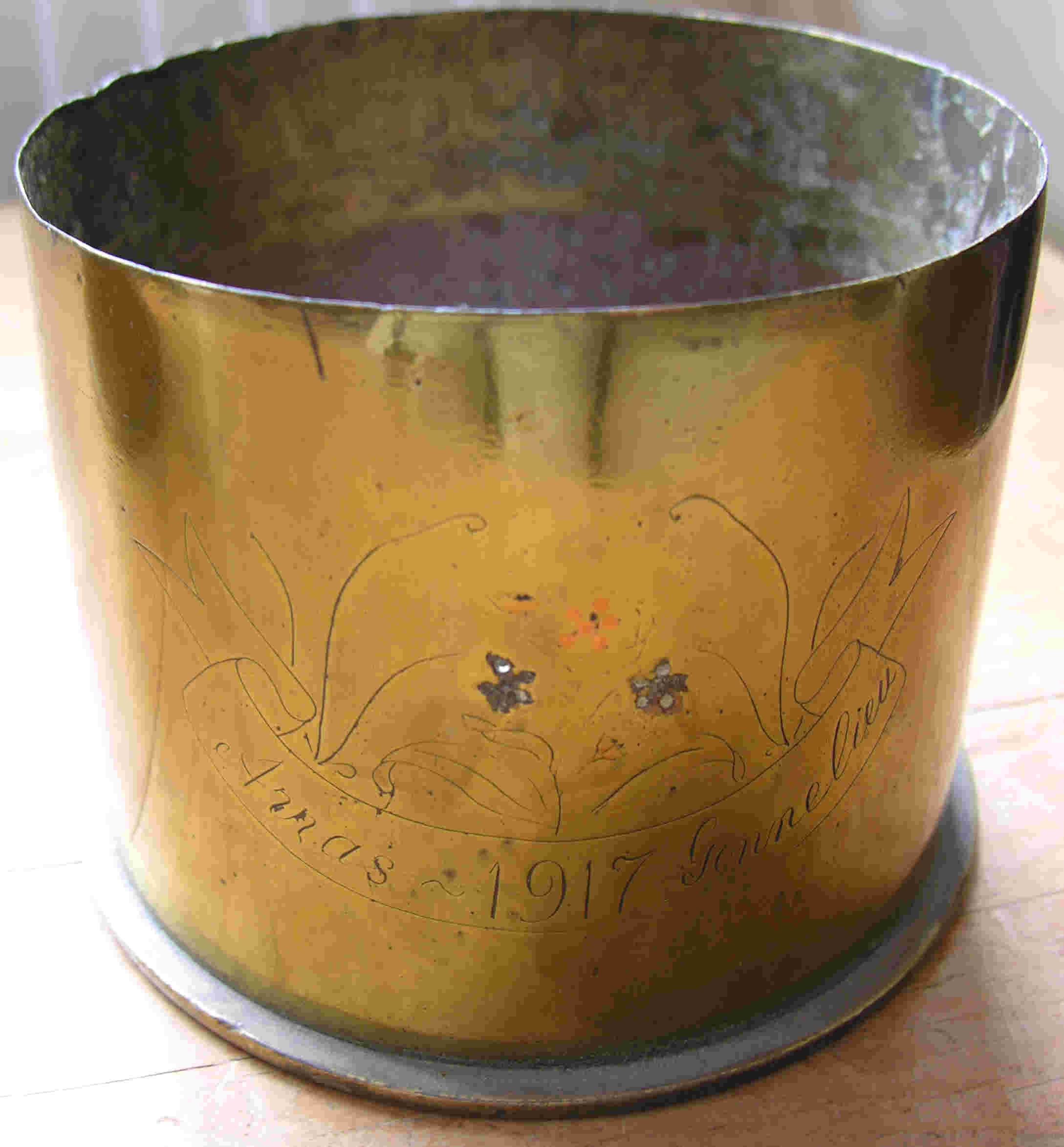 Decorated mortar shell case from the front during WW1 by Ronald George Woodland